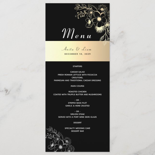 Vintage Black and Gold Wedding Menu (Front)