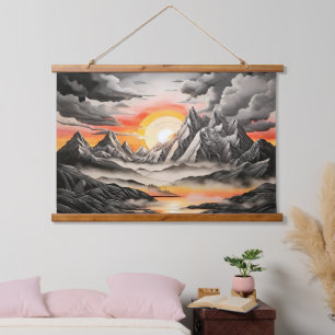 Vintage Black and Grey Mountain Landscape Artistic Hanging Tapestry