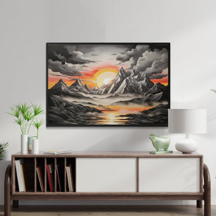 Vintage Black and Grey Mountain Landscape Artistic Poster
