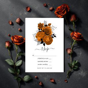 Vintage Black and Orange Halloween Floral Wedding RSVP Card