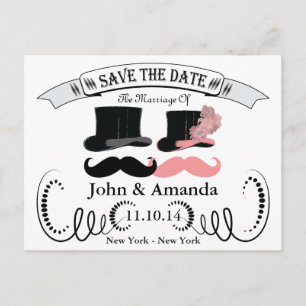 Vintage Black and Pink Moustache Announcement Postcard