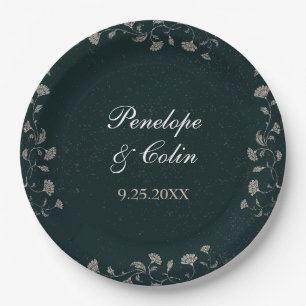 Vintage Black and Tan Bride Groom Names Wedding Paper Plate