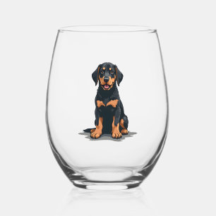 Vintage Black and Tan Dog Back View Illustration P Stemless Wine Glass