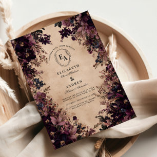 Vintage Black and Violet Floral Wedding Invitation