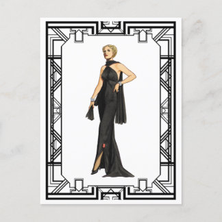 Vintage Black and White 1930s Silk Gown Fashion Postcard