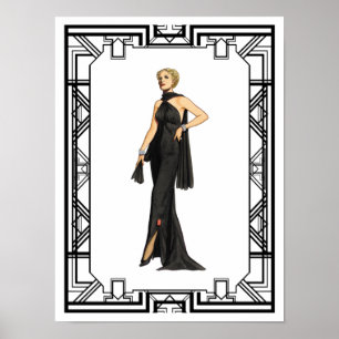 Vintage Black and White 1930s Silk Gown Fashion Poster