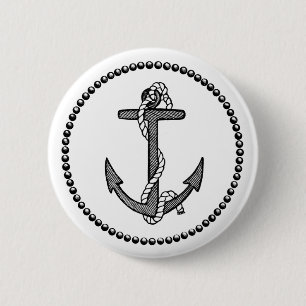 Vintage Black and White Anchor and Rope 6 Cm Round Badge