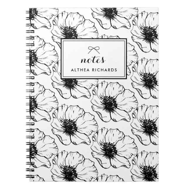 Vintage Black and White Anemones Pattern Notebook (Front)