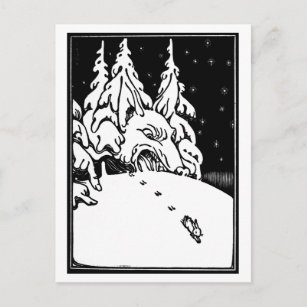 Vintage black and white art, rabbit in the snow postcard