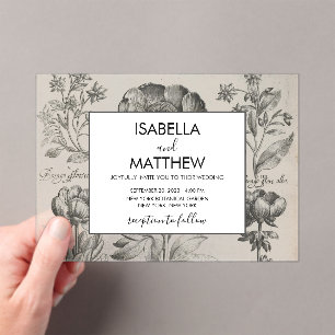 Vintage black and white botanical flowers floral acrylic invitations