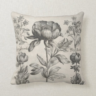 Vintage black and white botanical flowers floral cushion