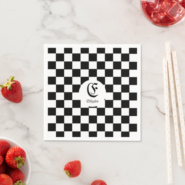 Vintage Black and White Chequered Custom Text Napkin (Insitu)