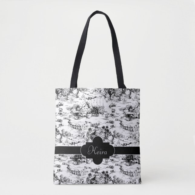 Vintage Black and White Country Toile Tote Bag (Front)