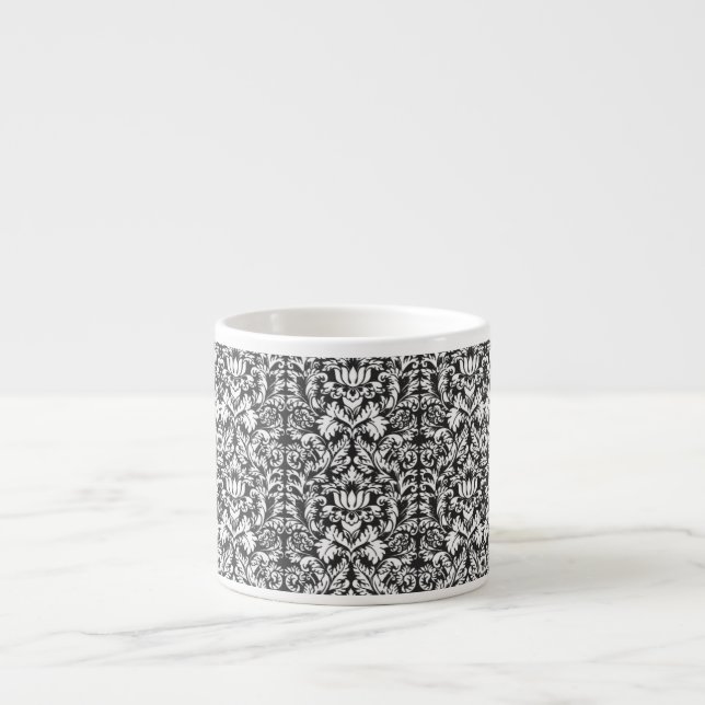 Vintage Black and White Damask Lace Brocade Espresso Cup (Front)