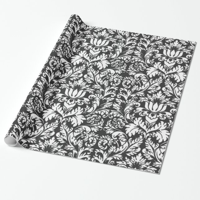 Vintage Black and White Damask Lace Brocade Wrapping Paper (Unrolled)