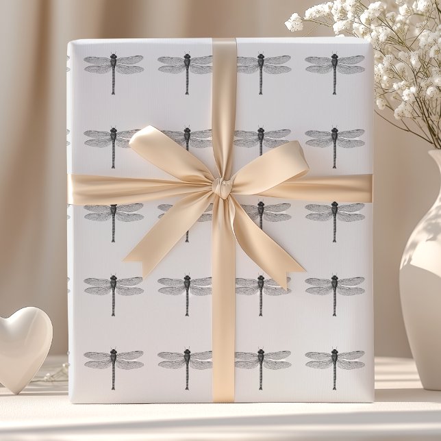 Vintage Black and White Dragonfly Illustration Wrapping Paper (Creator Uploaded)
