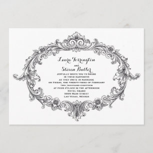 Vintage black and white elegant scroll invitations