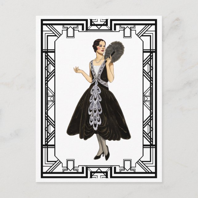 Vintage Black and White Flapper Evening Dress Postcard (Front)