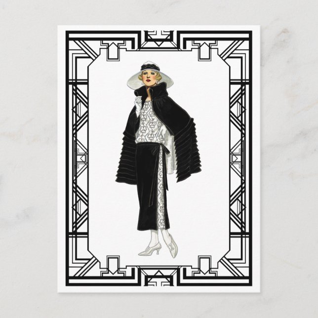 Vintage Black and White Flapper Fashion Art Postcard (Front)