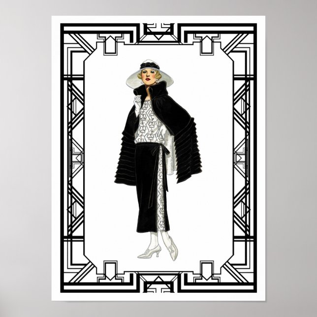 Vintage Black and White Flapper Fashion Art Poster (Front)