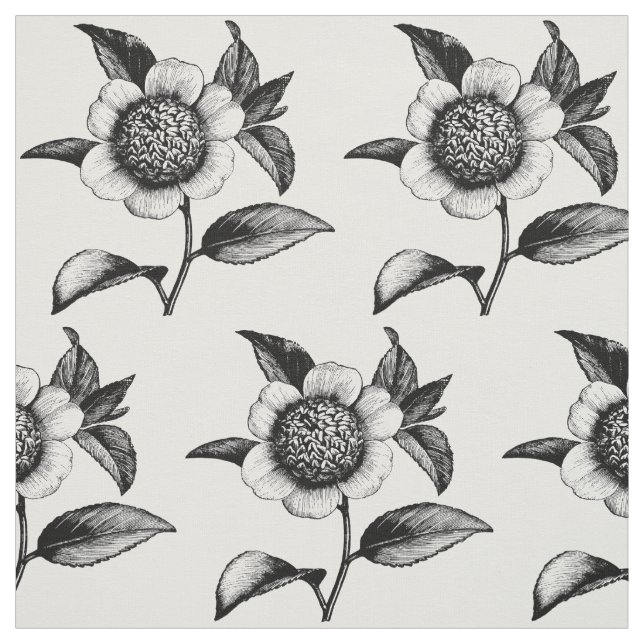 Vintage Black and White Flower Illustration Fabric (Swatch)