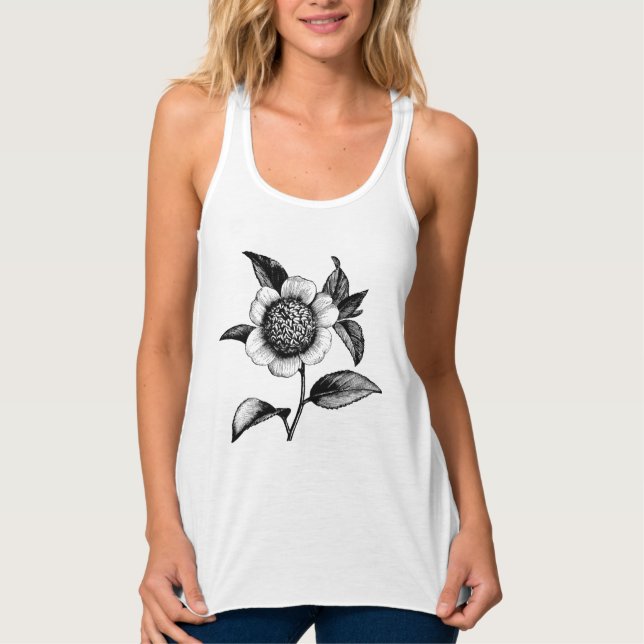 Vintage Black and White Flower Illustration Singlet (Front)