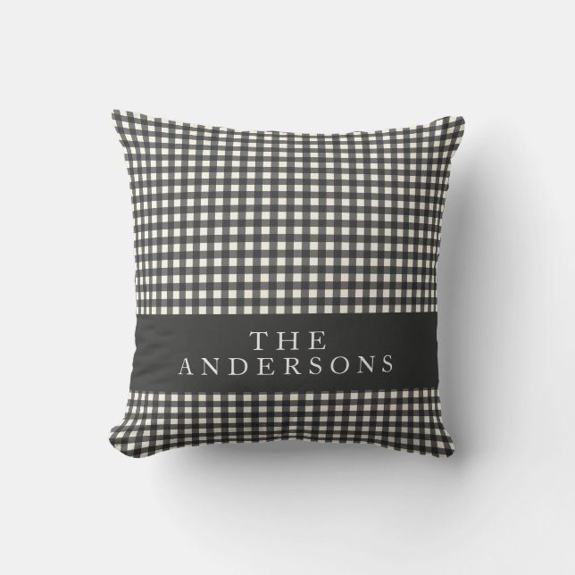 Vintage Black and White Gingham Plaid Personalised Cushion (Front)