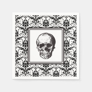 Vintage Black And White Gothic Damask Skull Napkin