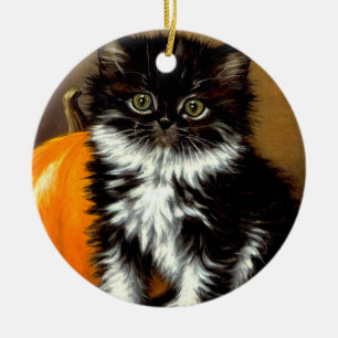 Vintage Black and White Halloween Cat Ceramic Tree Decoration