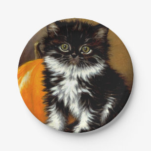 Vintage Black and White Halloween Cat Paper Plate