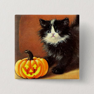 Vintage Black and White Halloween Kitten 15 Cm Square Badge