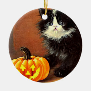 Vintage Black and White Halloween Kitten Ceramic Tree Decoration