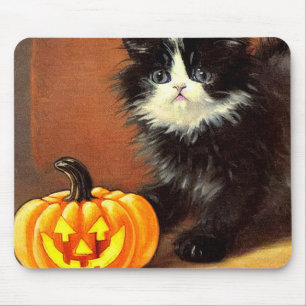 Vintage Black and White Halloween Kitten Mouse Pad
