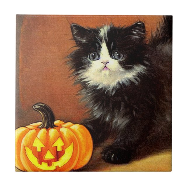 Vintage Black and White Halloween Kitten Tile (Front)