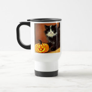 Vintage Black and White Halloween Kitten Travel Mug