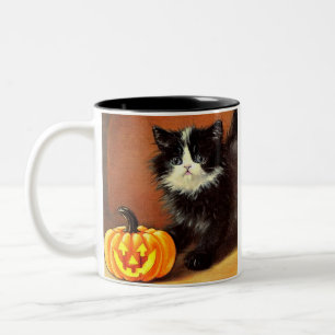 Vintage Black and White Halloween Kitten Two-Tone Coffee Mug