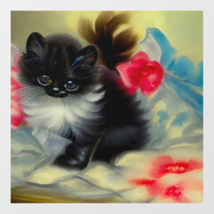 Vintage Black and White Kitten Painting
