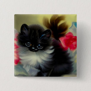 Vintage Black and White Kitten Painting 15 Cm Square Badge