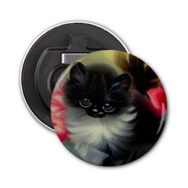 Vintage Black and White Kitten Painting Bottle Opener (Front)