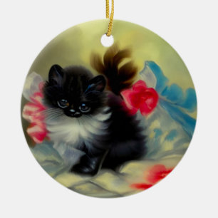 Vintage Black and White Kitten Painting Ceramic Tree Decoration