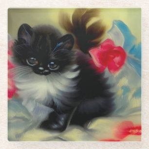 Vintage Black and White Kitten Painting Glass Coaster