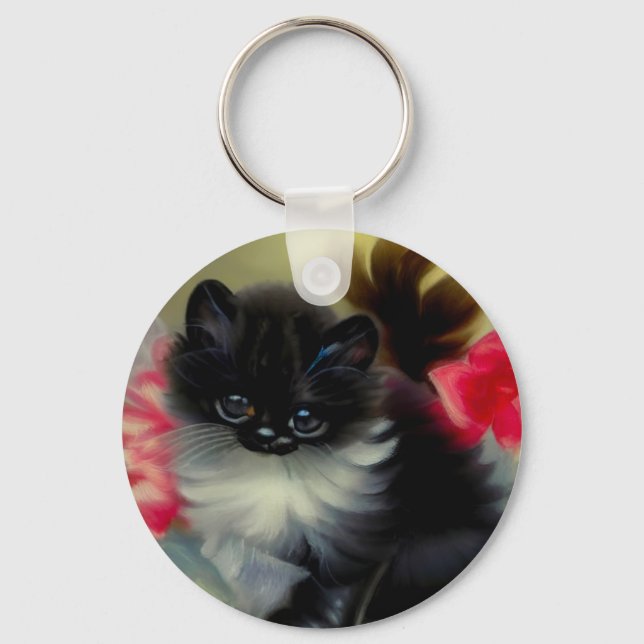 Vintage Black and White Kitten Painting Key Ring (Front)