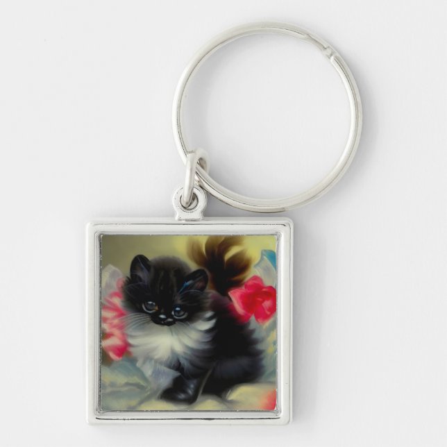 Vintage Black and White Kitten Painting Key Ring (Front)