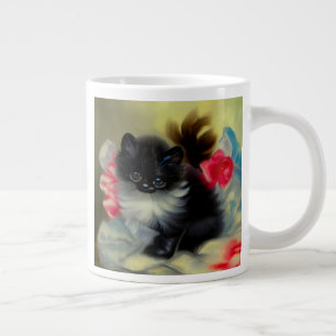 Vintage Black and White Kitten Painting Large Coffee Mug