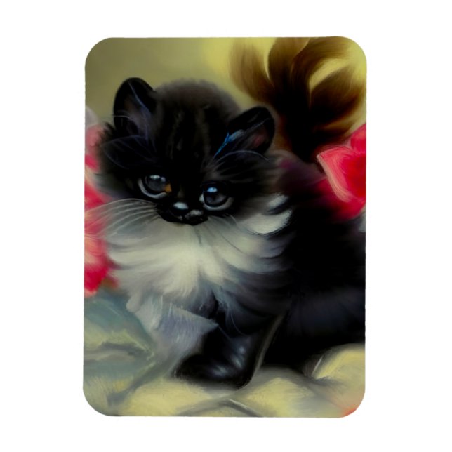 Vintage Black and White Kitten Painting Magnet (Vertical)