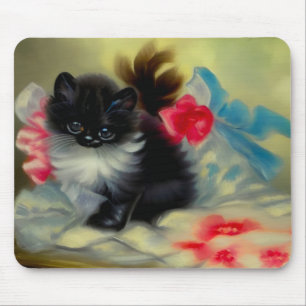 Vintage Black and White Kitten Painting Mouse Pad