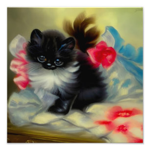 Vintage Black and White Kitten Painting Photo Print