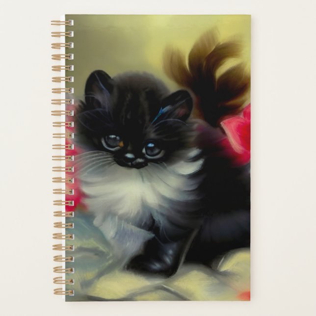 Vintage Black and White Kitten Painting Planner (Front)