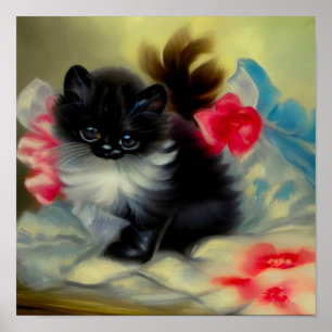 Vintage Black and White Kitten Painting Poster
