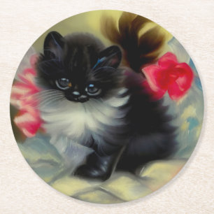 Vintage Black and White Kitten Painting Round Paper Coaster